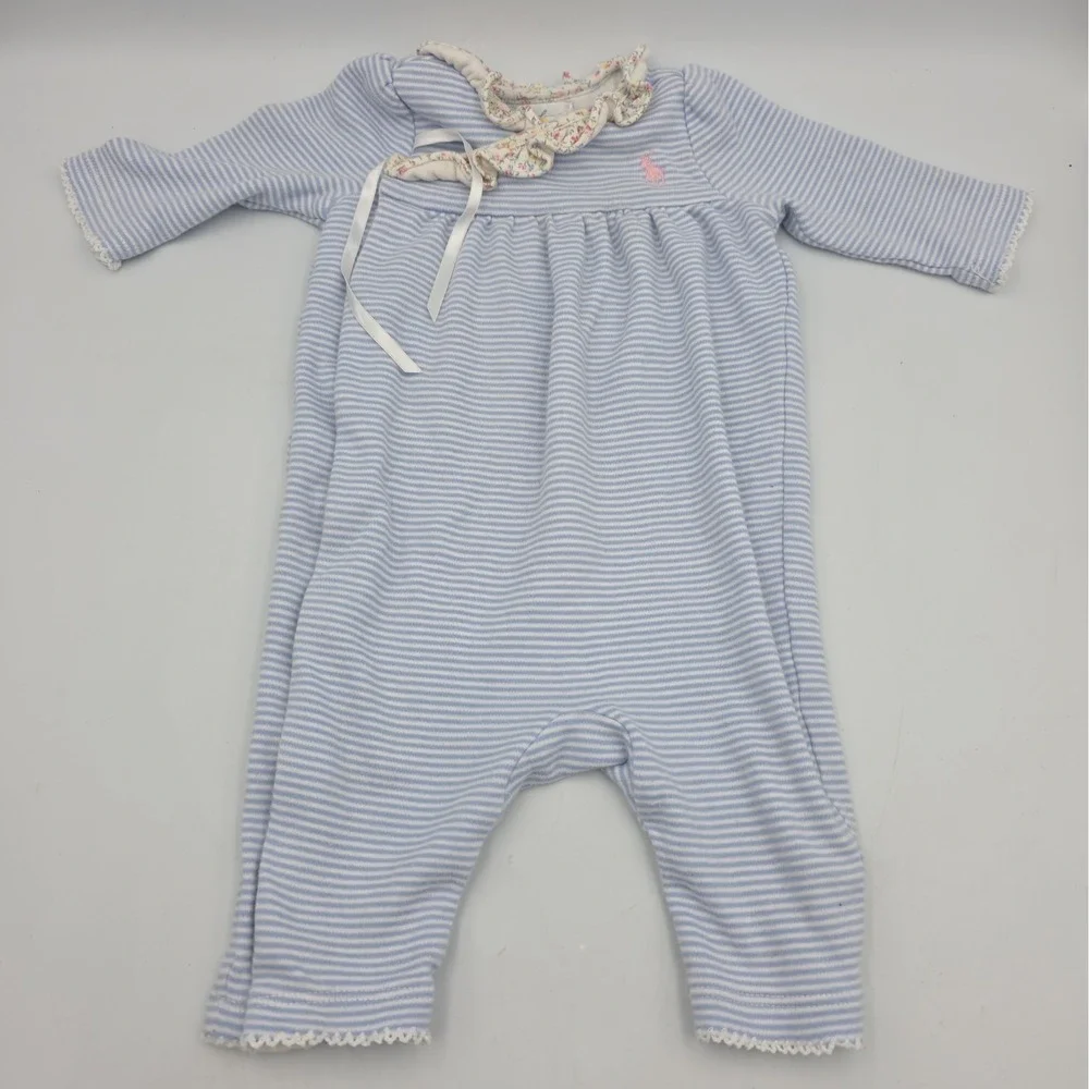 Ralph Lauren Baby Girls Floral Romper Blue/White Striped Long Sleeve 3 Month